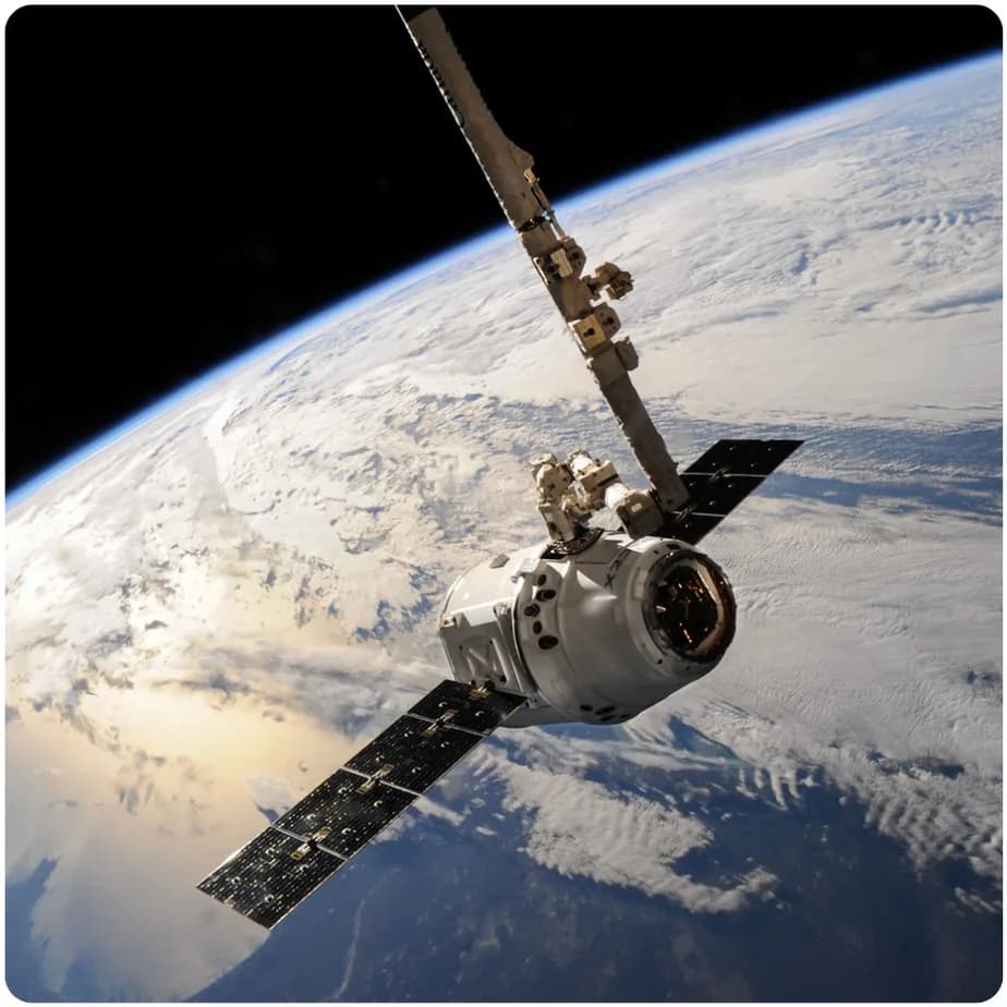Robotic arm servicing equipment aboard a satellite in orbit above Earth