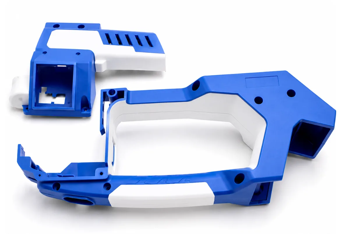 Blue and white overmolded tool housings