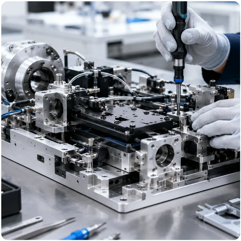 Technician assembling a precision semiconductor equipment fixture