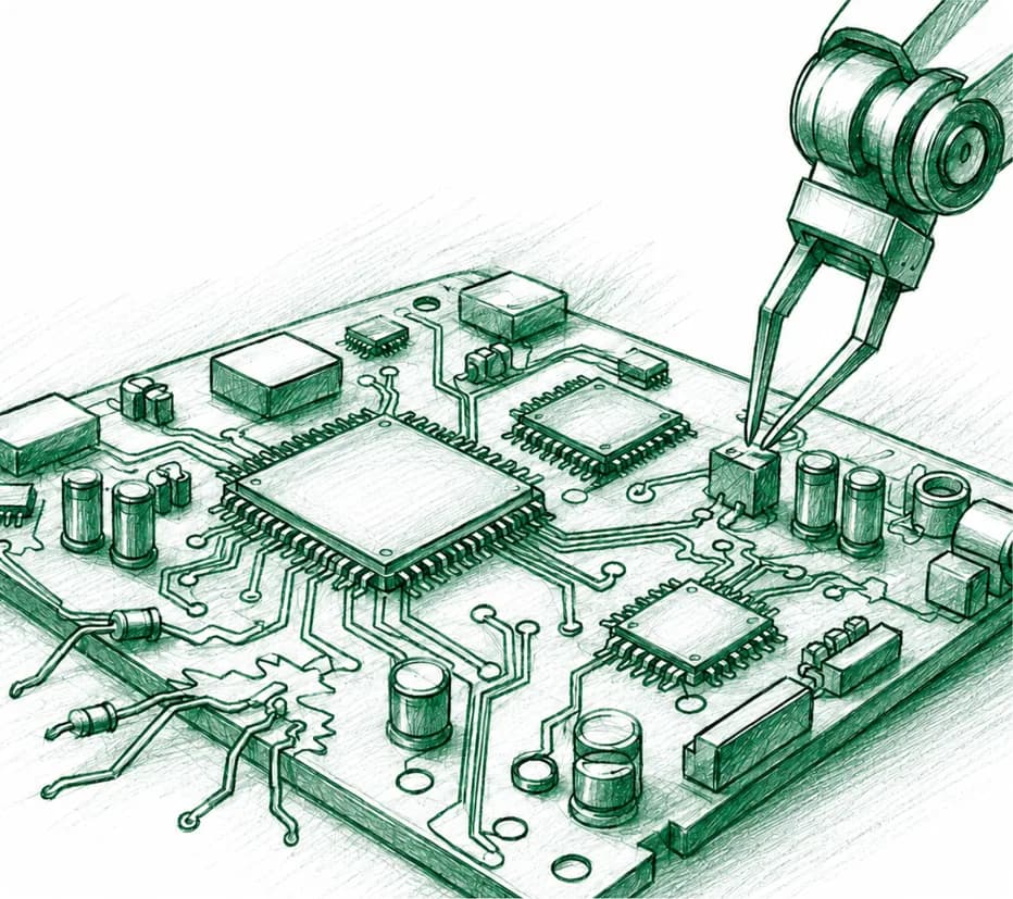 Sketch illustration of a robotic arm placing a component on a populated circuit board