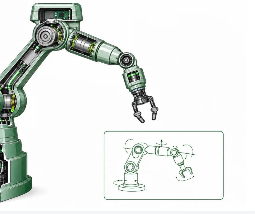 Cutaway illustration of a precision robotic arm used in semiconductor equipment manufacturing