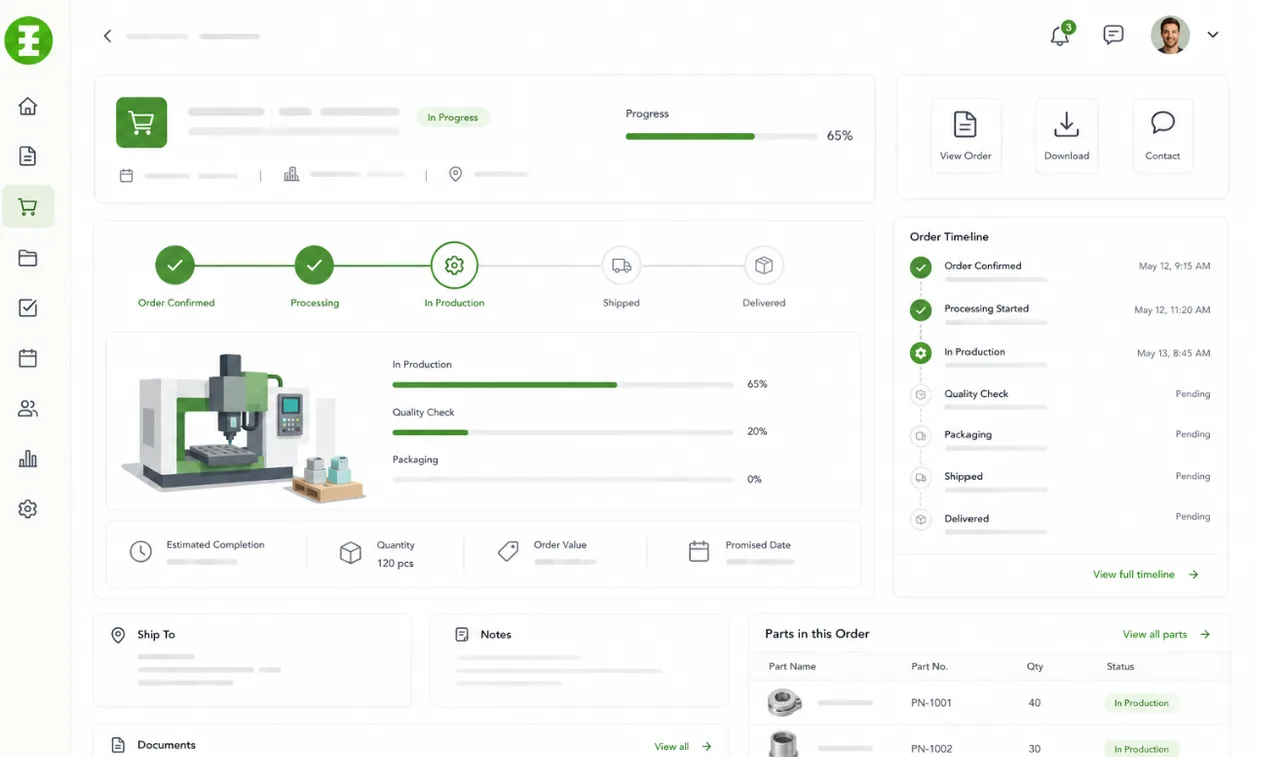 Order tracking screen with production progress, order timeline, and parts in this order