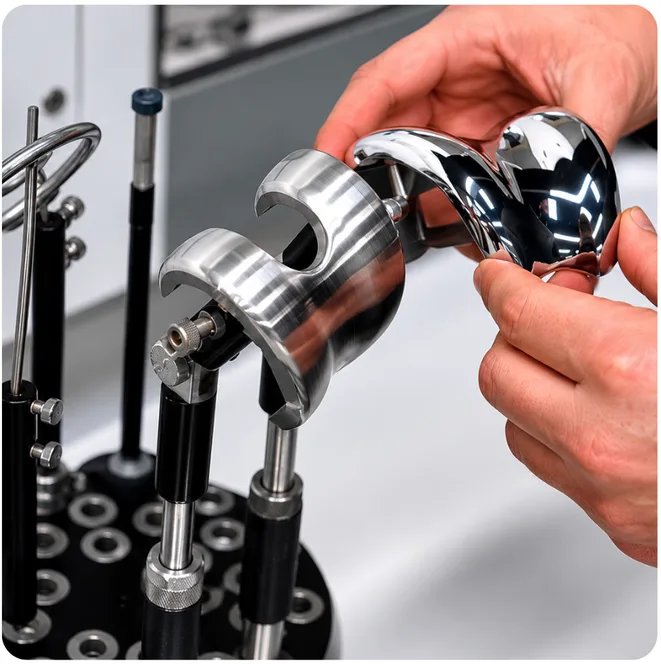 Hands polishing a mirror-finished stainless steel fitting on a buffing jig