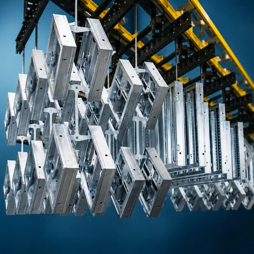 Aluminum injection molds and metal frames suspended from an overhead conveyor rail