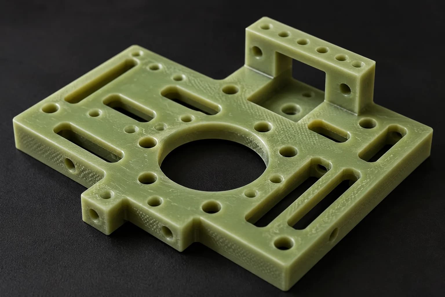 CNC-machined FR4 mounting plate with precision holes, slots, and cutouts for a semiconductor motion system