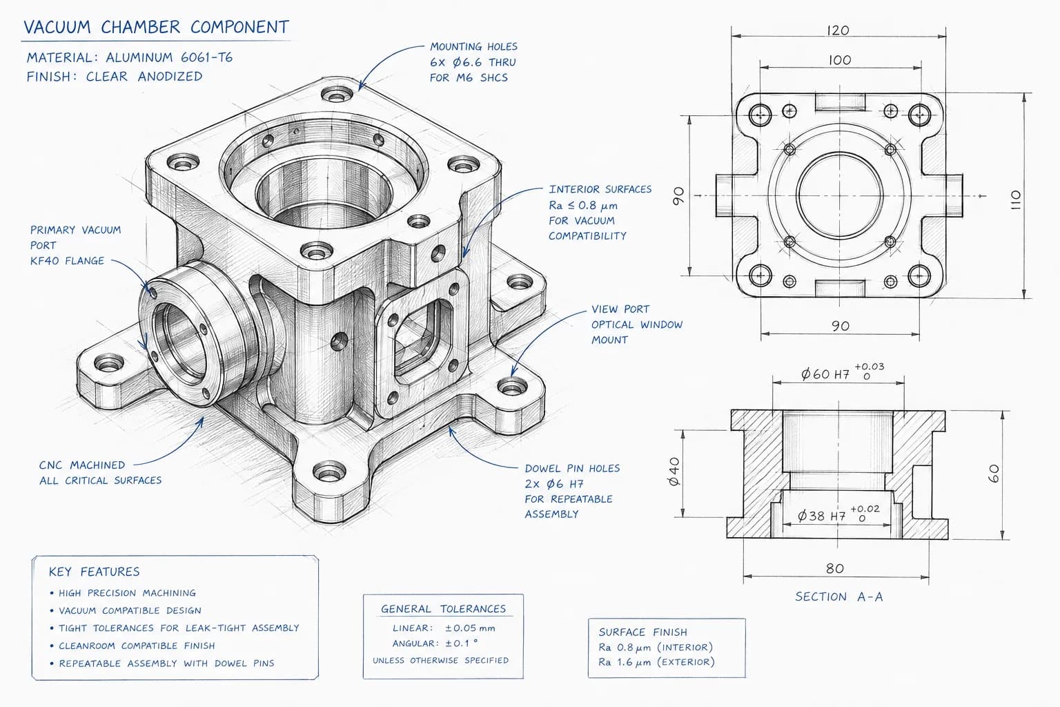 Dimensioned engineering drawing of a CNC-machined aluminum vacuum chamber component with material, finish, and tolerance callouts