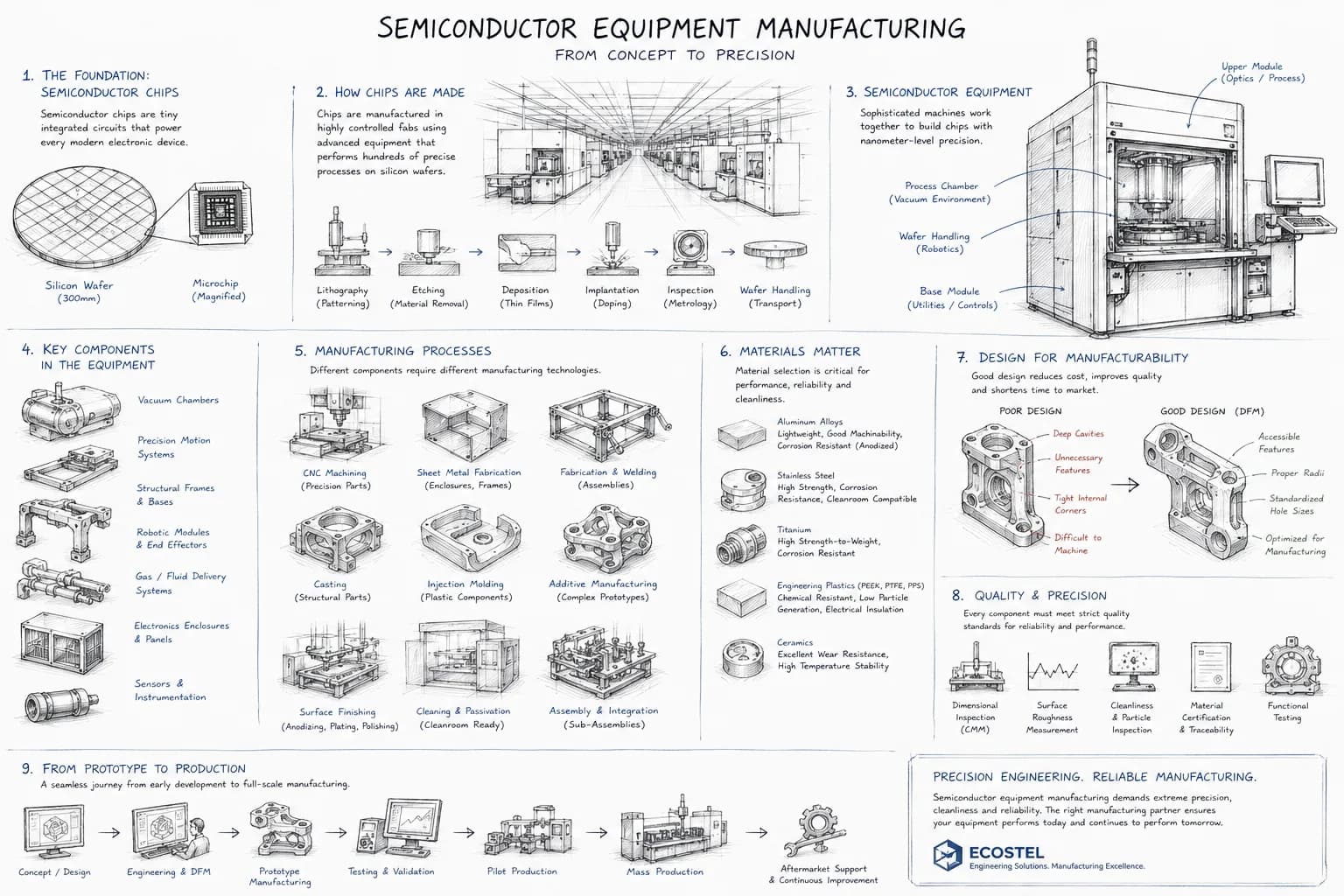 Infographic: semiconductor equipment manufacturing from concept to precision, covering chips, fabs, key components, manufacturing processes, materials, DFM, and quality