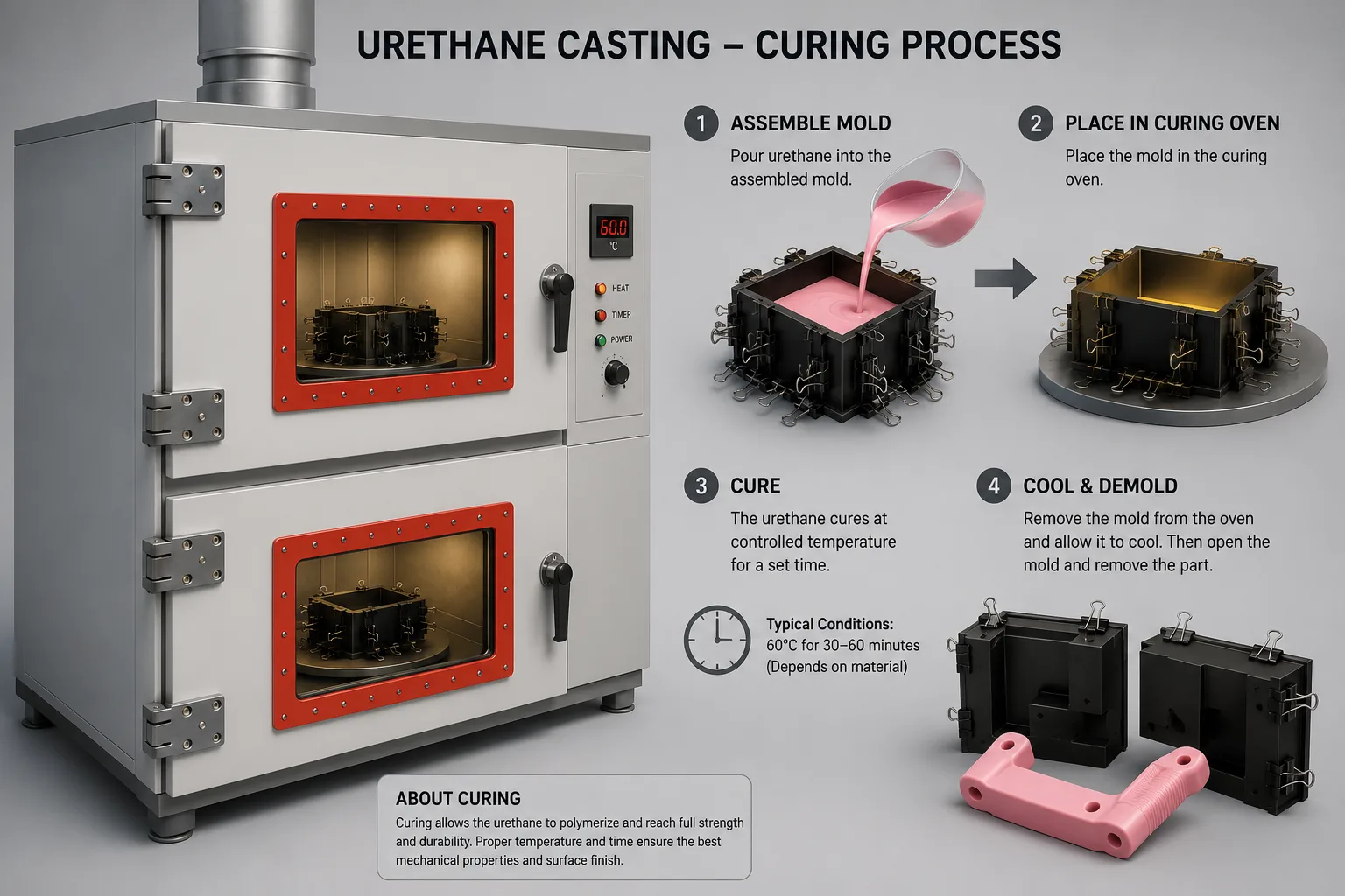 Urethane casting curing process diagram: assemble mold, place in curing oven, cure, cool and demold