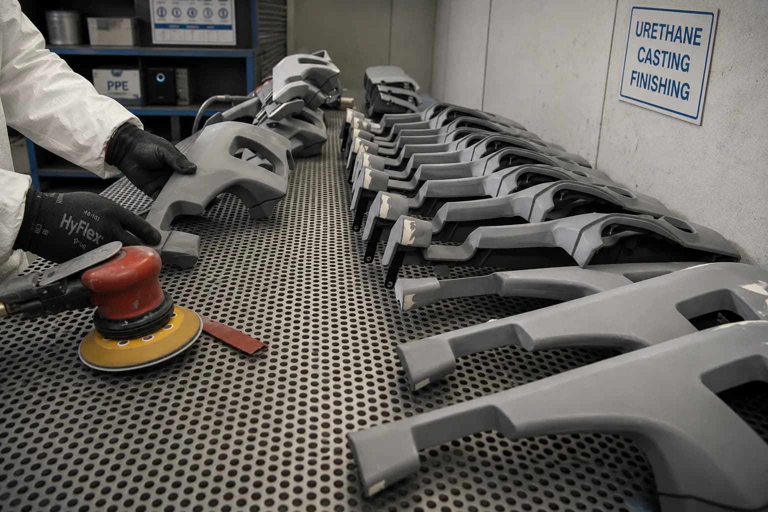 Rows of cast gray plastic handle parts being sanded and finished in a urethane casting finishing shop