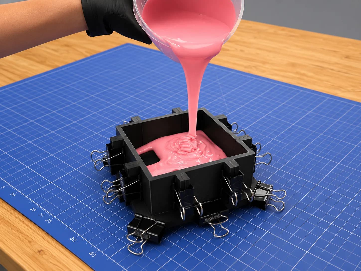 Pink polyurethane resin being poured into a clamped black silicone mold box