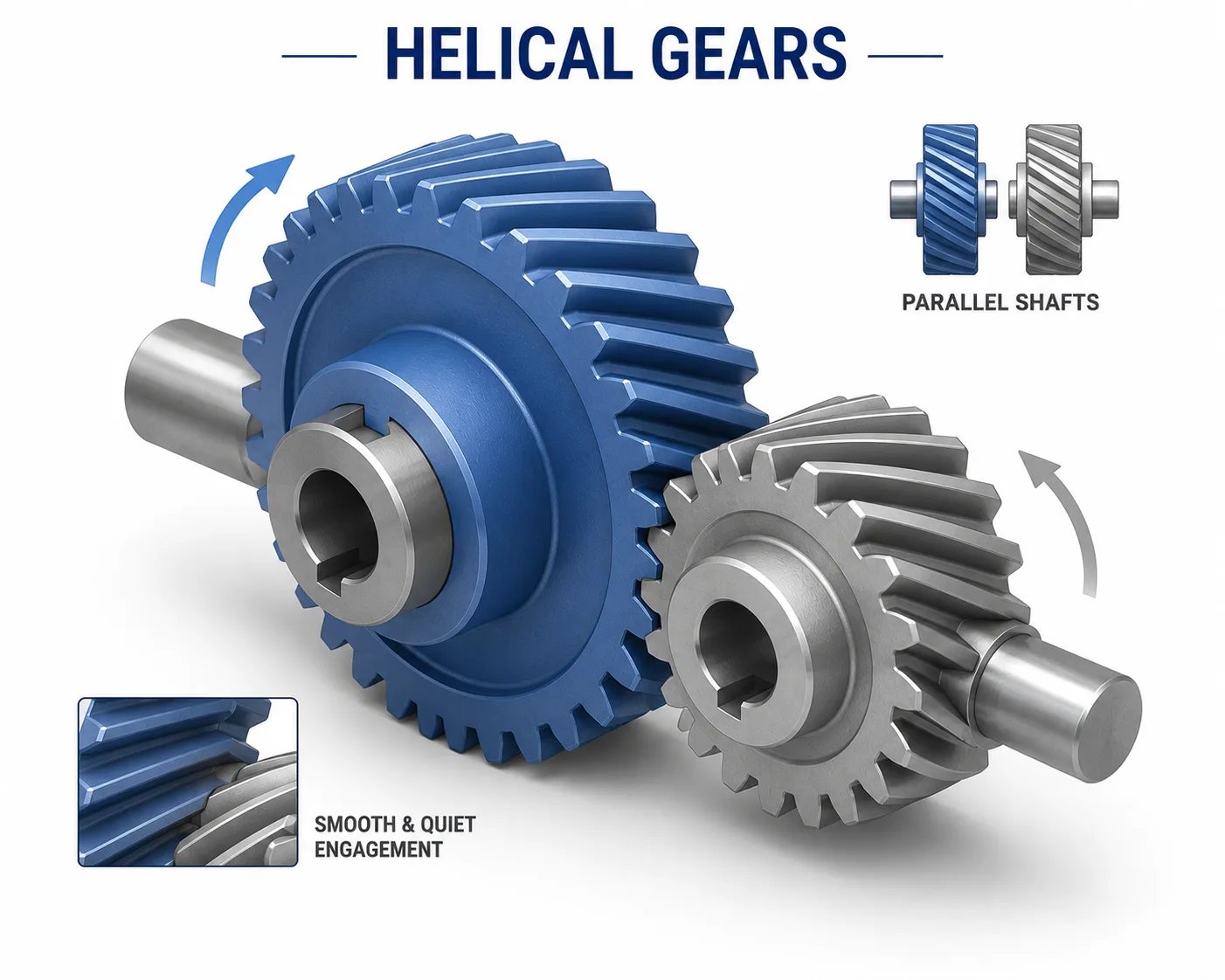 Cutaway illustration of a helical gear pair with angled teeth
