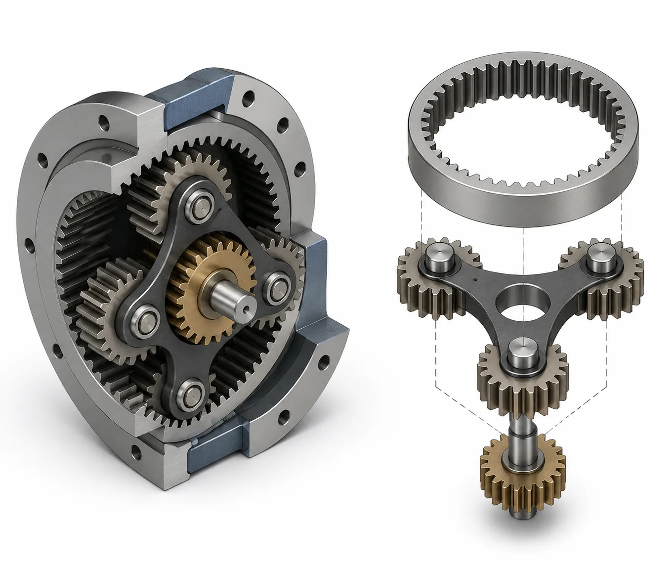 Cutaway illustration of a planetary gearbox showing the sun gear, planet gears, and ring gear