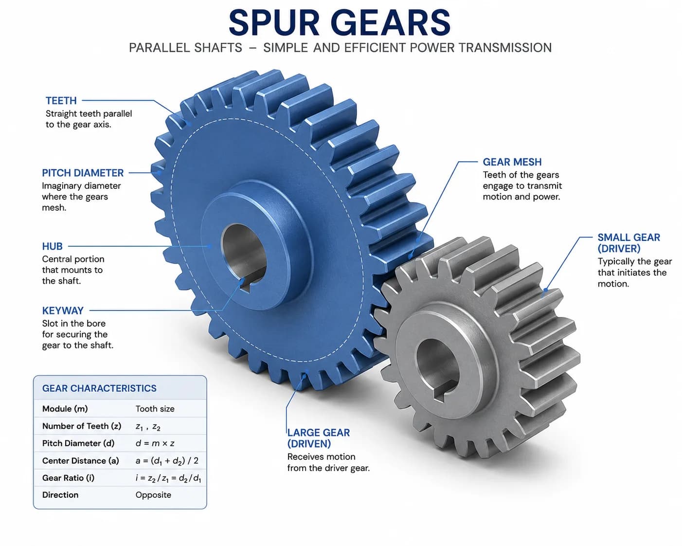 Cutaway illustration of a spur gear meshing inside a mechanical transmission