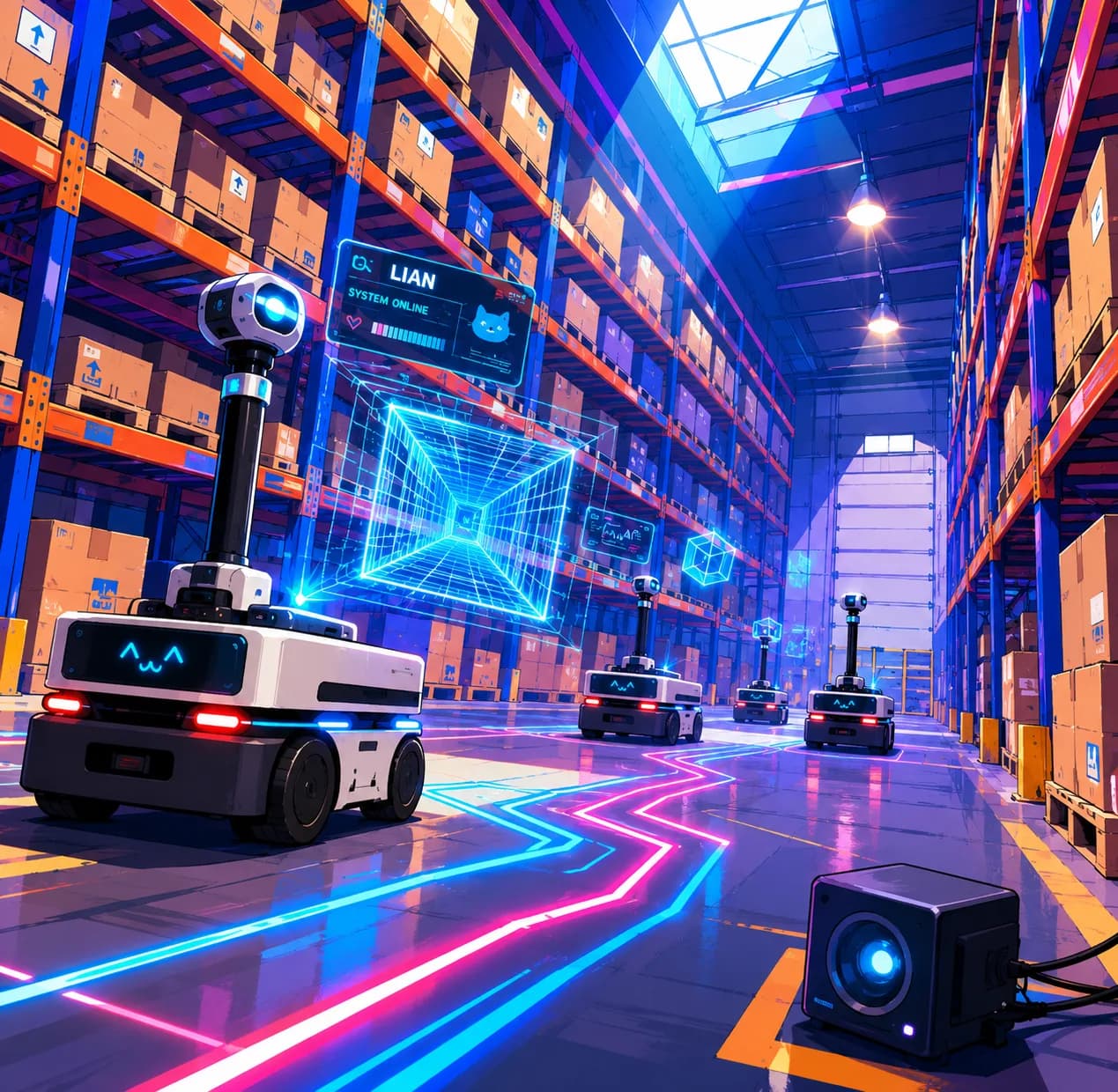 Autonomous mobile robots navigating a warehouse aisle using real-time mapping and path planning