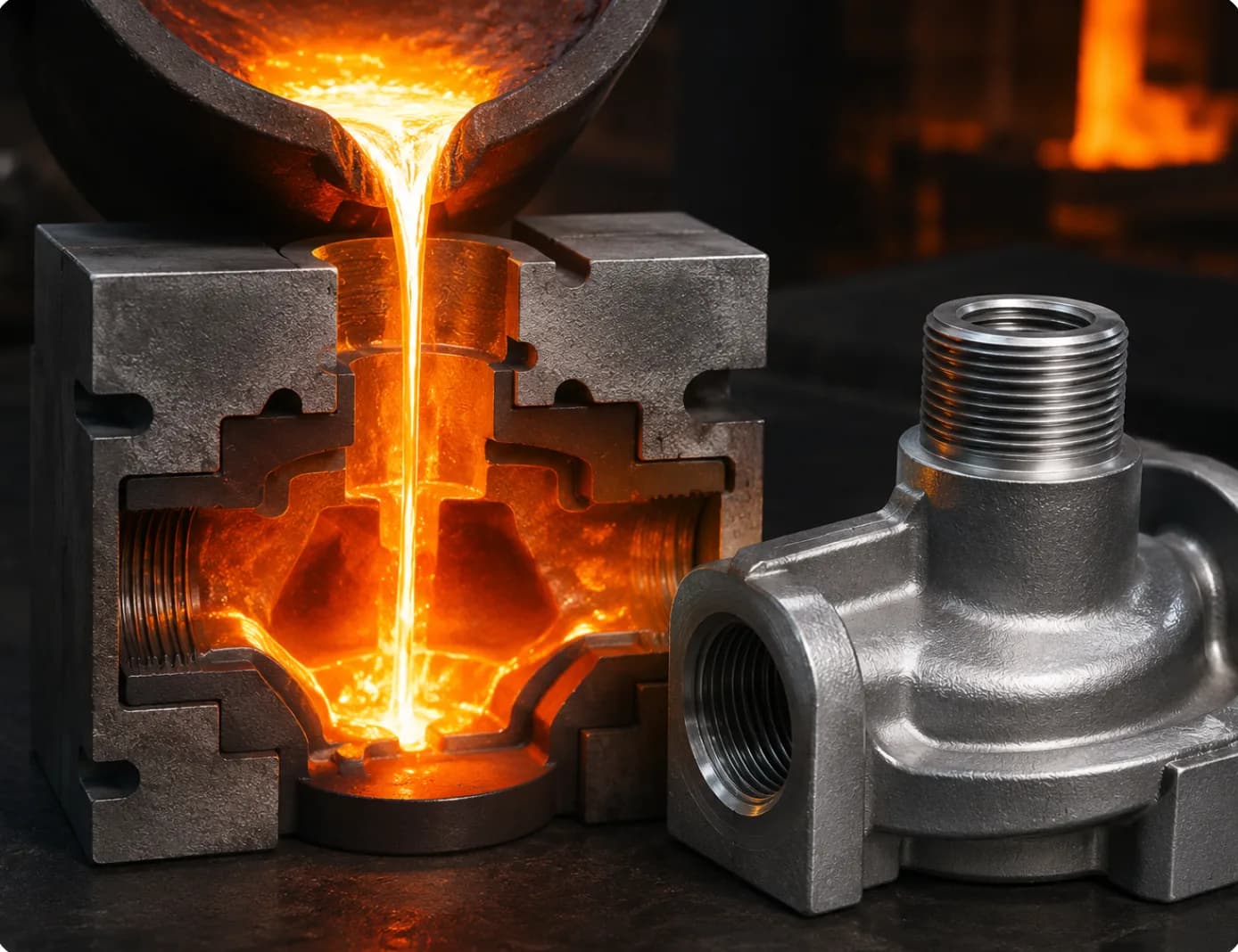 Molten metal pouring into a cut-away mold cavity beside a finished cast valve body