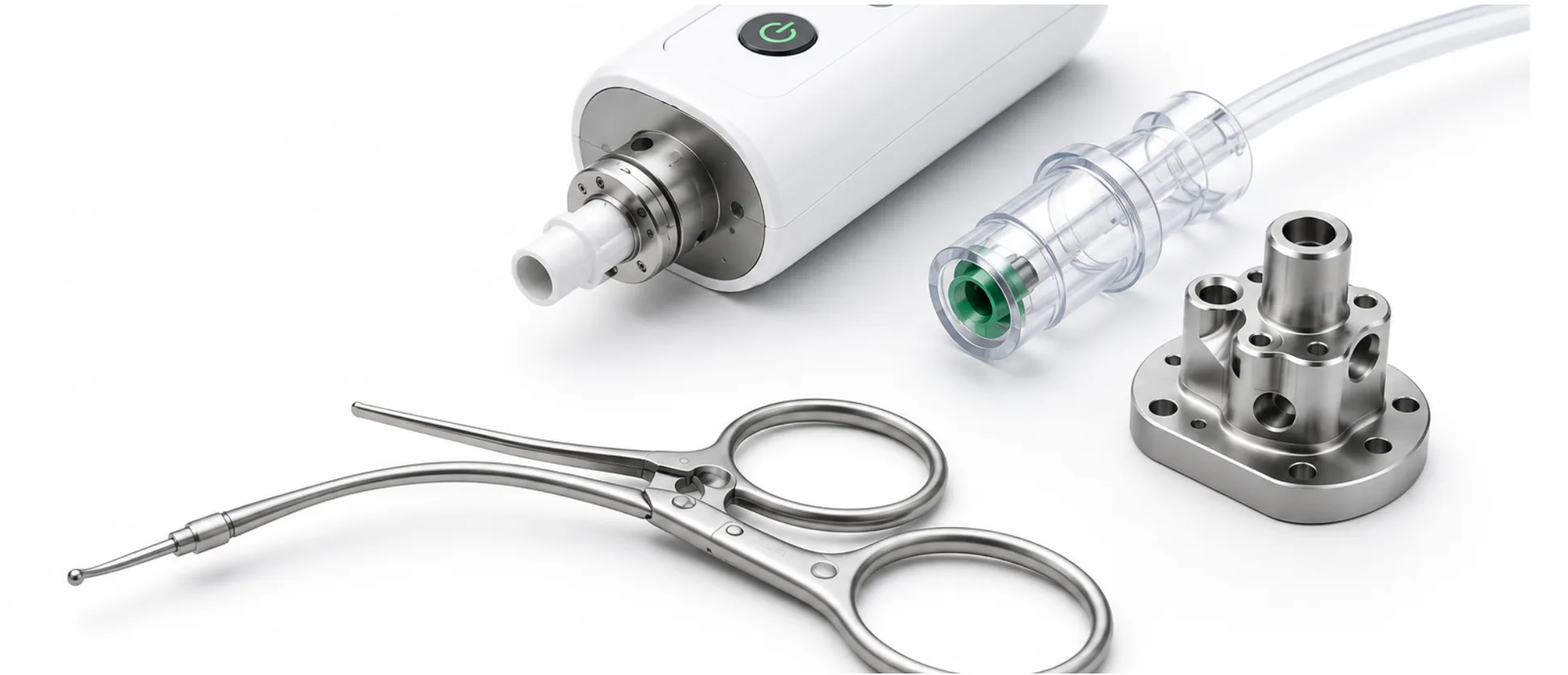 Medical device components: handheld device, clear luer connector, surgical forceps, and a machined stainless manifold