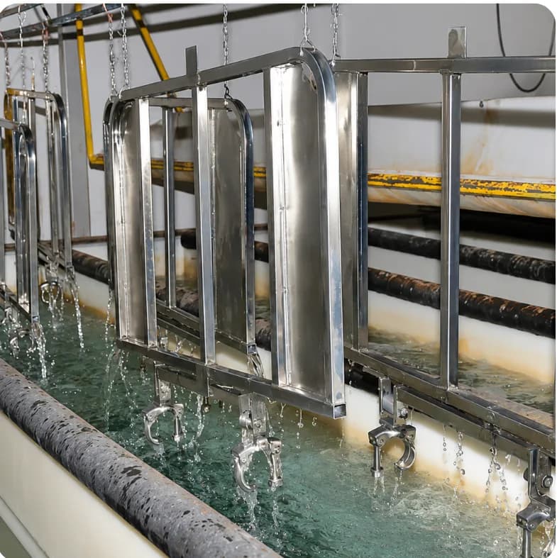 Metal parts on a plating rack lowered into a plating tank
