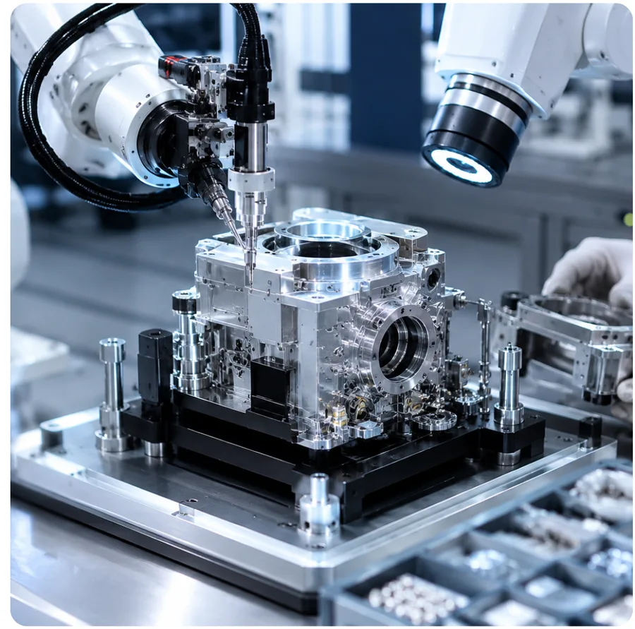 Robotic arms performing precision assembly on a machined semiconductor-style fixture
