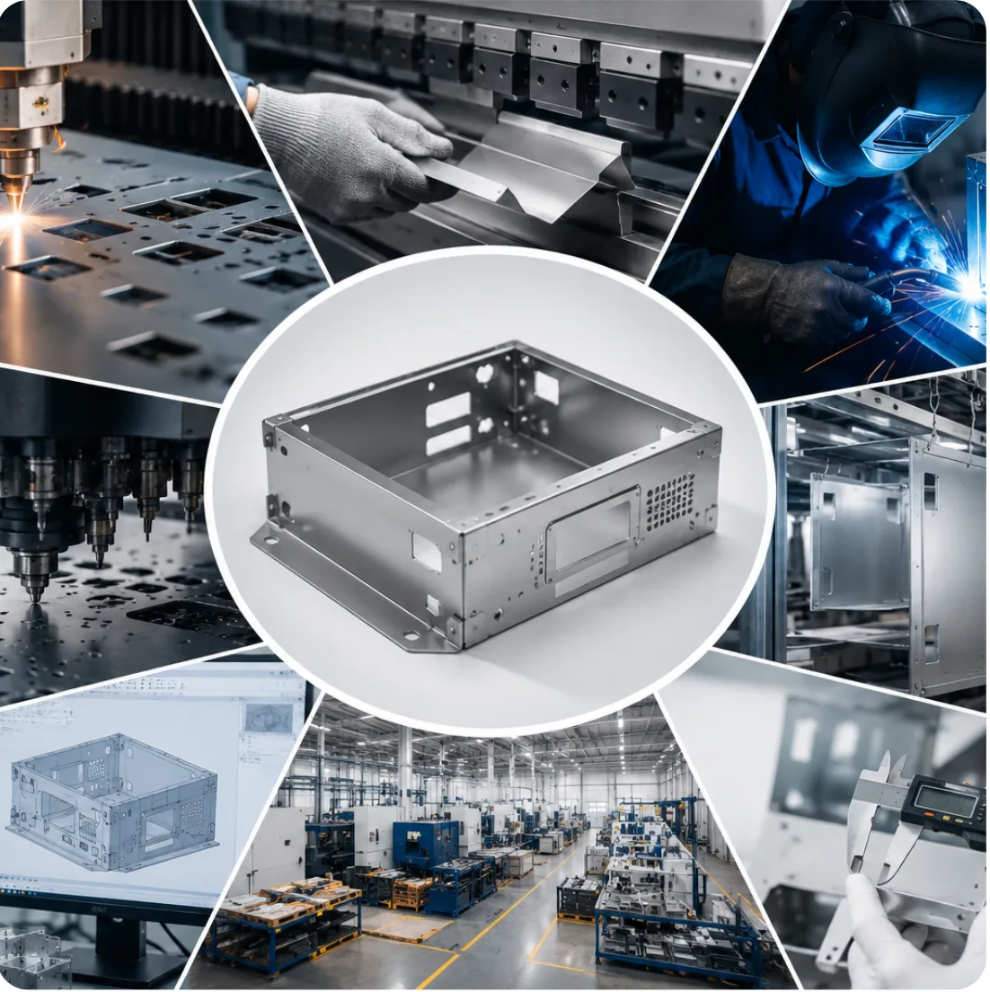 Collage of sheet metal fabrication processes around a finished enclosure