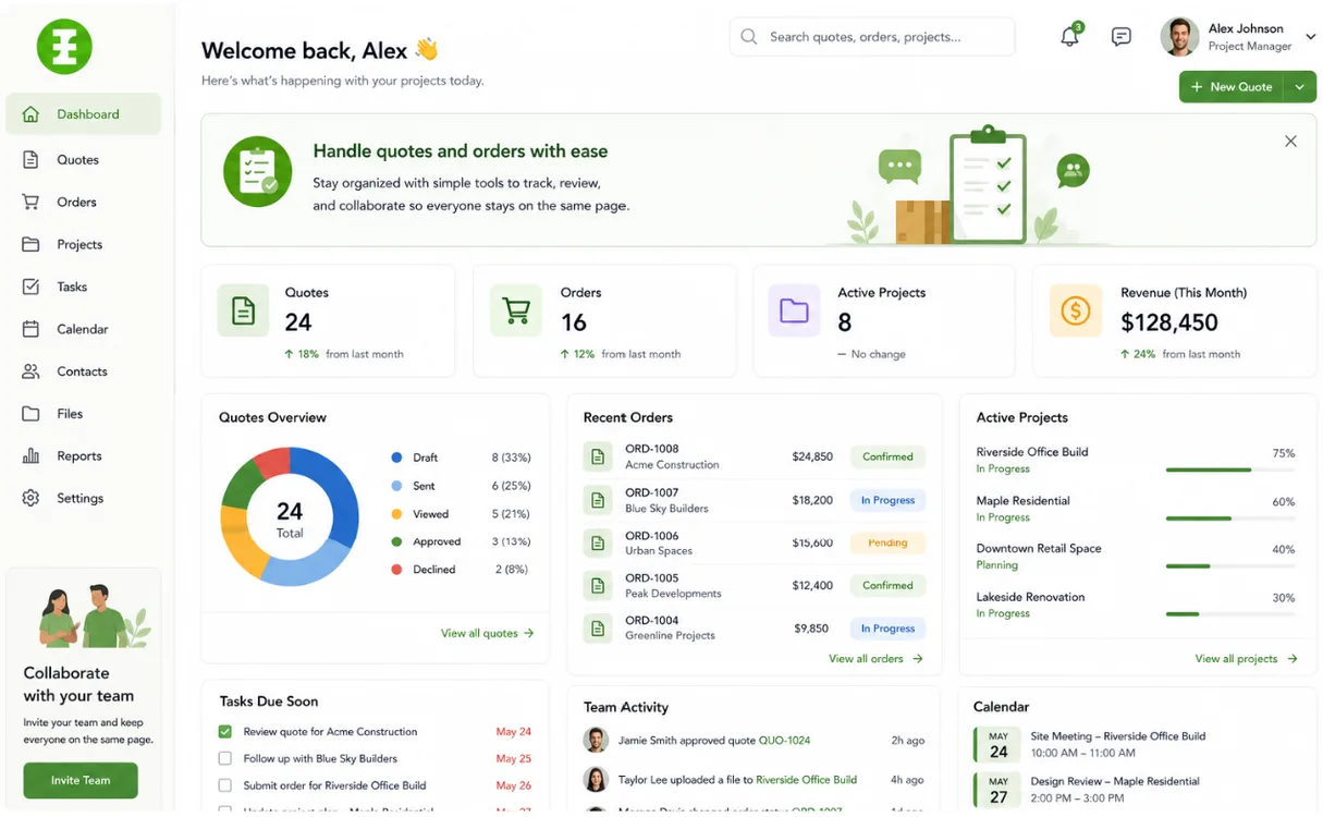 Quotes and orders dashboard with recent orders, active projects, and team activity