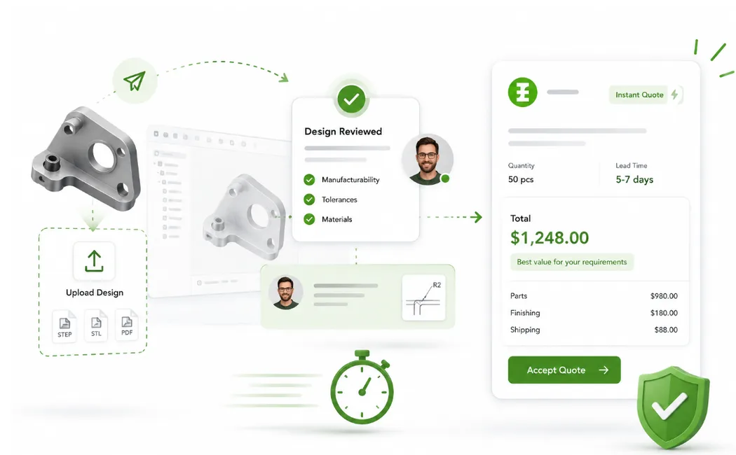 Upload design, design review checklist, and instant quote card with total price